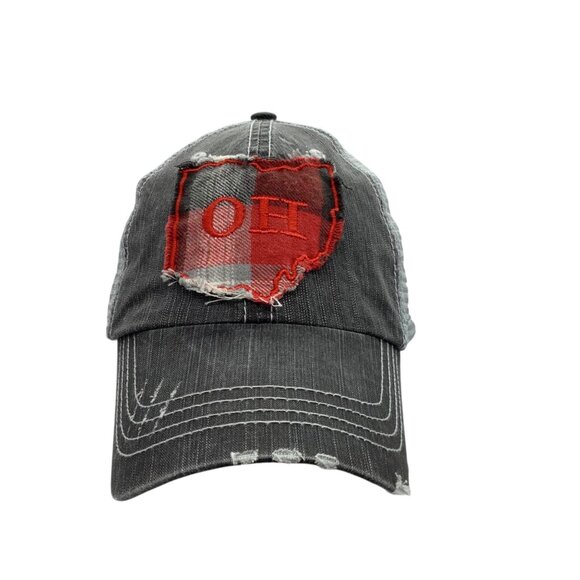 Ohio Distressed Trucker Hat Buffalo Plaid Patch Design Adjustable Mesh Back 0S - Picture 2 of 8